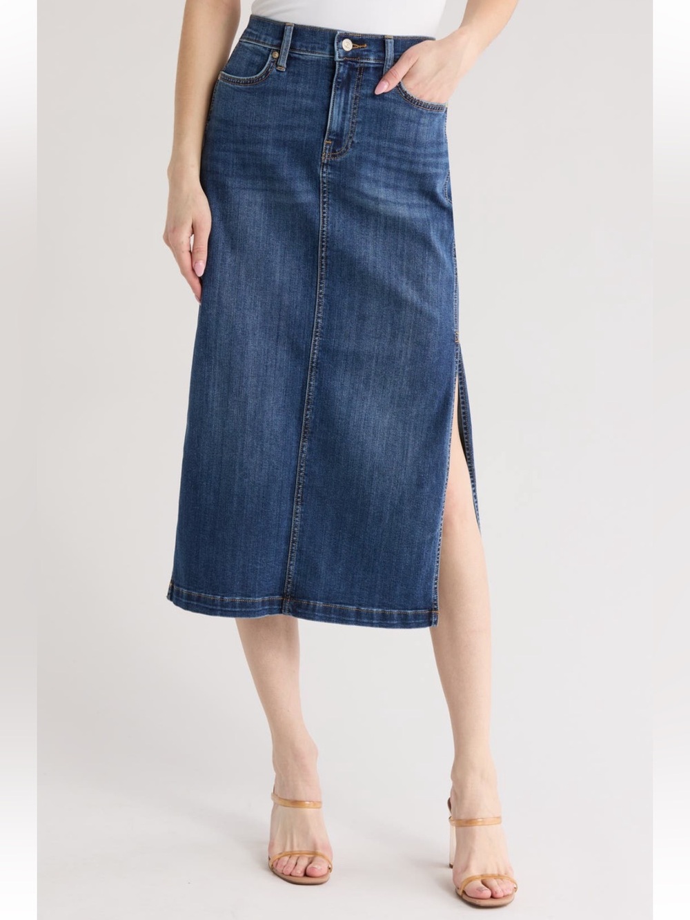 7 For All Mankind Indigo Blue Denim Side Slit Midi Skirt Size 28